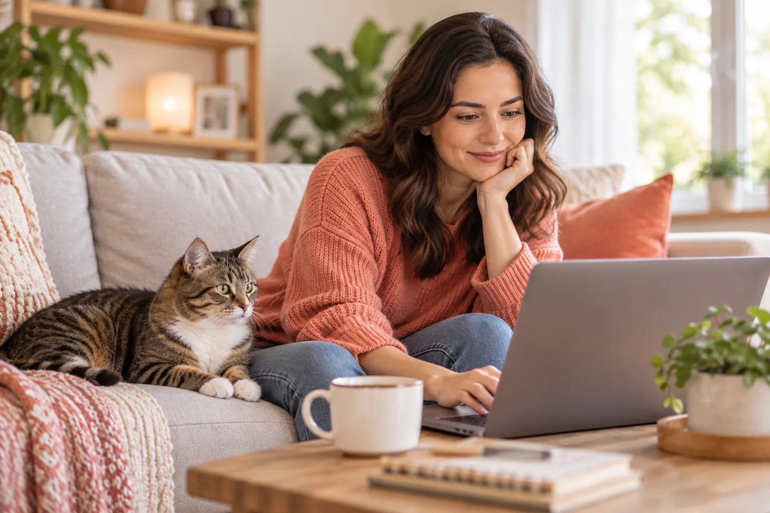 Person comparing information on a laptop beside a tabby cat