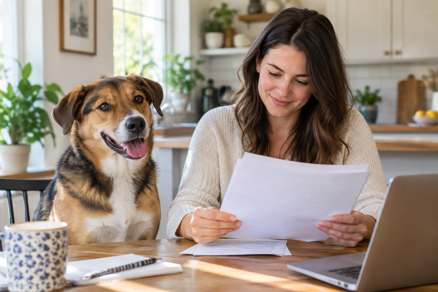 Owner reading policy papers beside a dog and laptop